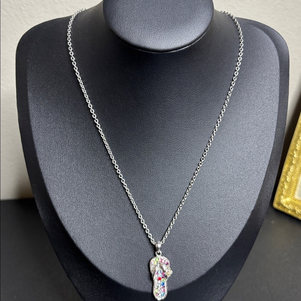 Stainless Steel Milor Colorful Rhinestone Flip Flop Sandal Charm Chain Necklace